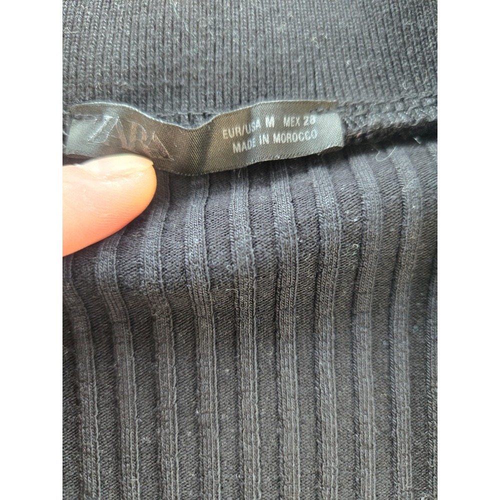 Zara Ribbed Collared Sweater V-Neck Cotton Front Fake Pockets Black Quiet Luxury - Picture 10 of 16